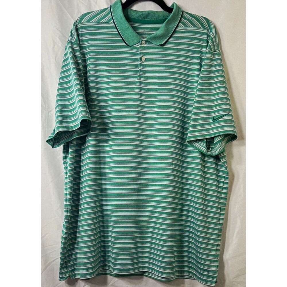 Nike Dri-FIT Polo Shirt Men XXL Green White Striped Short Sleeve Athletic
